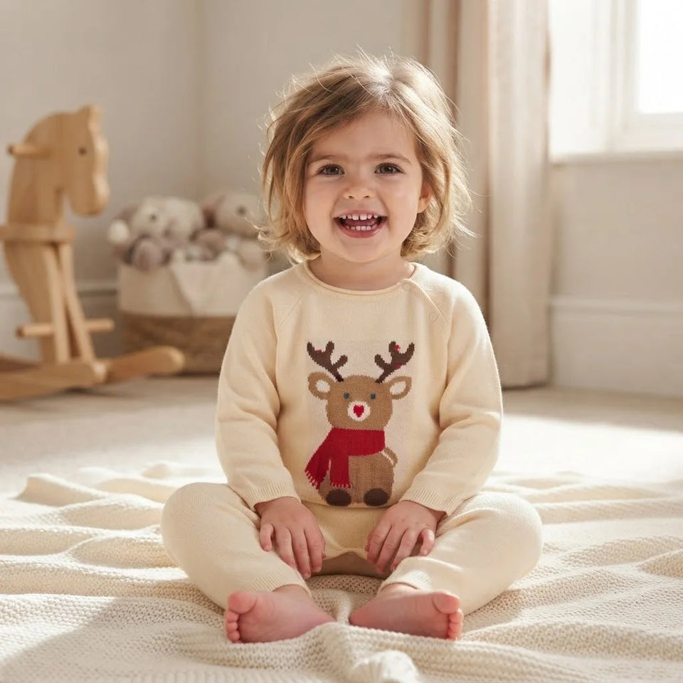 Sinsay Girl's Beige Festive Reindeer Chest Print Overall