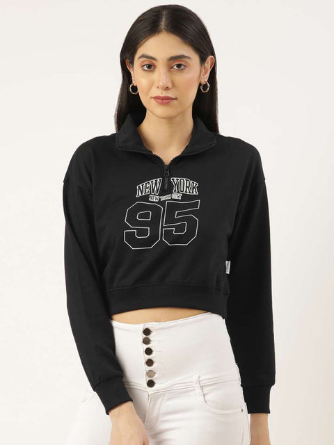 Forever 21 Women's Black Turtle Neck 1/3 Zipper Cropped Sweatshirt | Forever 21 In Lebanon