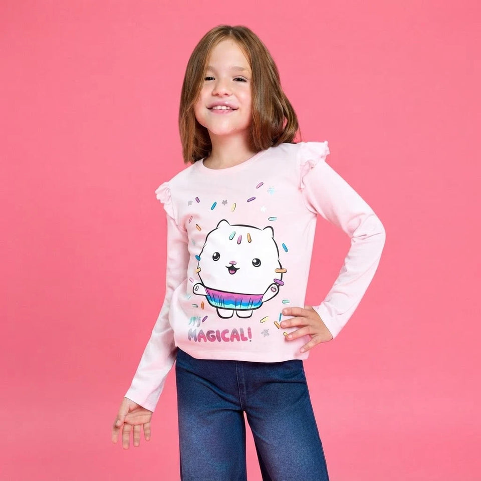 Sinsay Girl's Light Pink Cakey Cat Printed Blouse