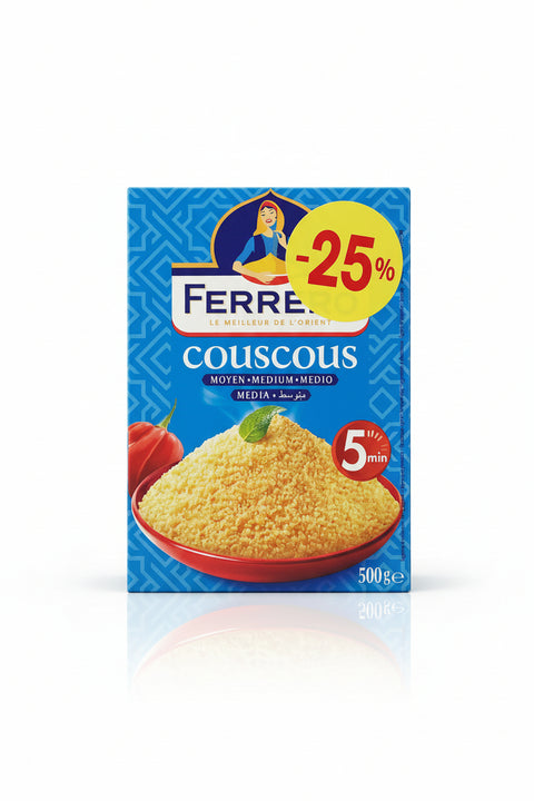 Ferrero couscous packaging with a discount label on a dark surface