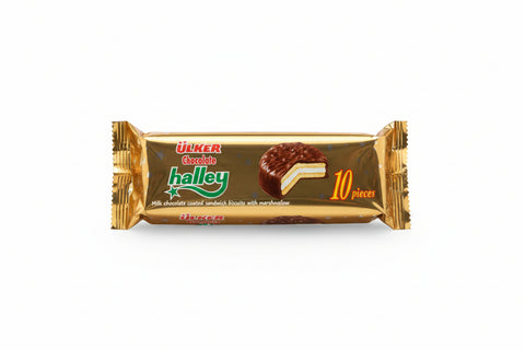 Packaged cookies with Halley branding on a gray floor.