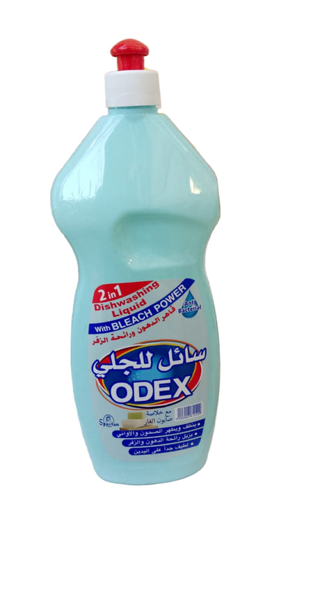 ODEX dishwashing liquid bottle with a red cap on a cluttered background