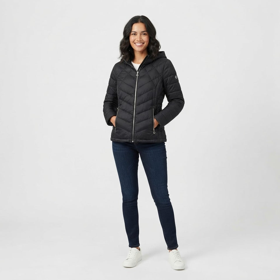 Michael Kors Women's Black Hooded Packable Chevron Jacket