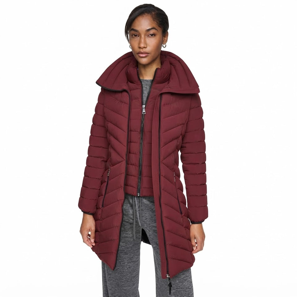 DKNY Women's Burgundy Bibbed Packable Puffer Coat