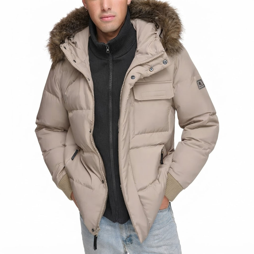 Andrew Marc Men's Khaki Faux Fur Hooded Puffer Jacket