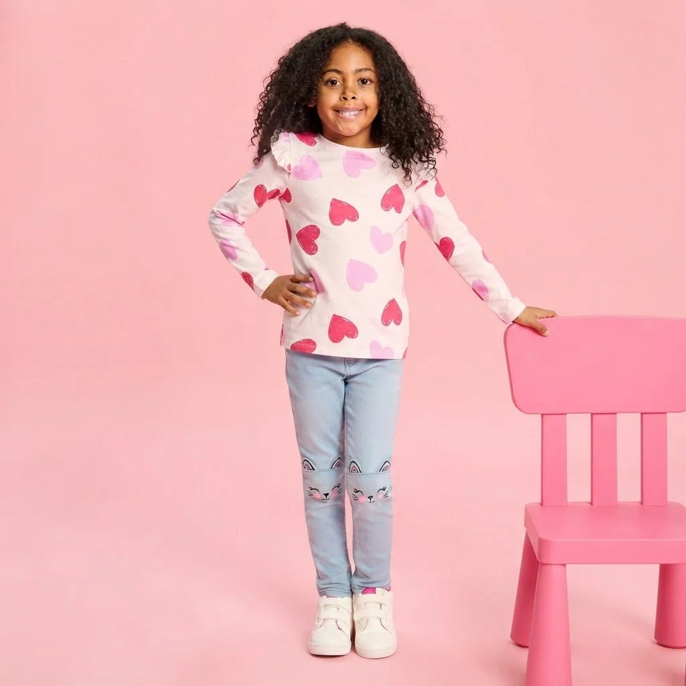 Sinsay Girl's Light Pink Hearts Printed Long Sleeve Blouse