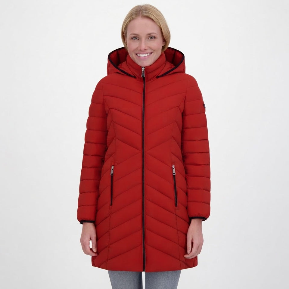 DKNY Women's Rust Petite Hooded Stretch Walker Coat