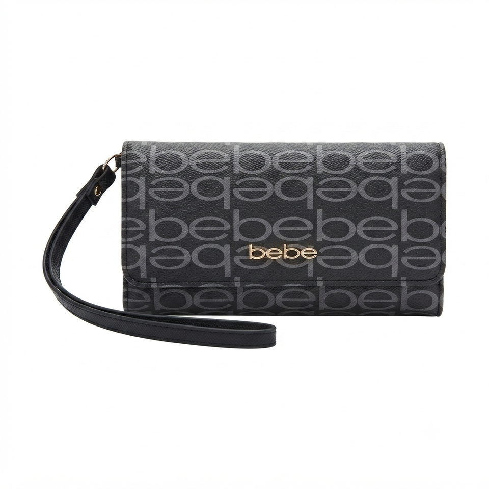 A black Bebe wallet with a repeating gray logo pattern and a black wristlet strap, featuring a gold-tone 'bebe' logo on the front, set against a plain white background.