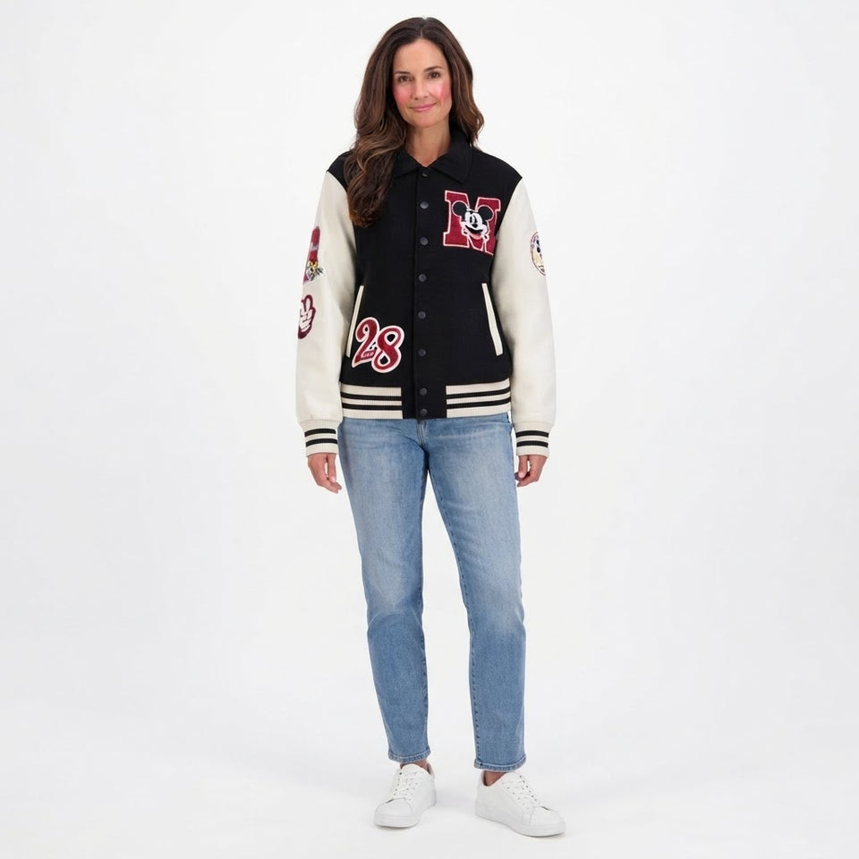 Disney Women's Black & White Mickey Mouse Patch Varsity Jacket
