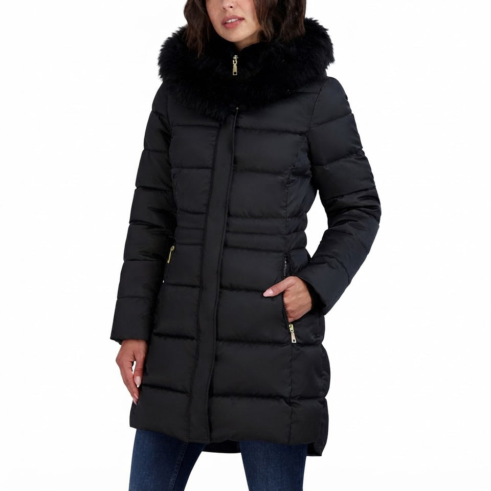 Tahari Women's Black Faux-Fur Trim Hooded Puffer Coat