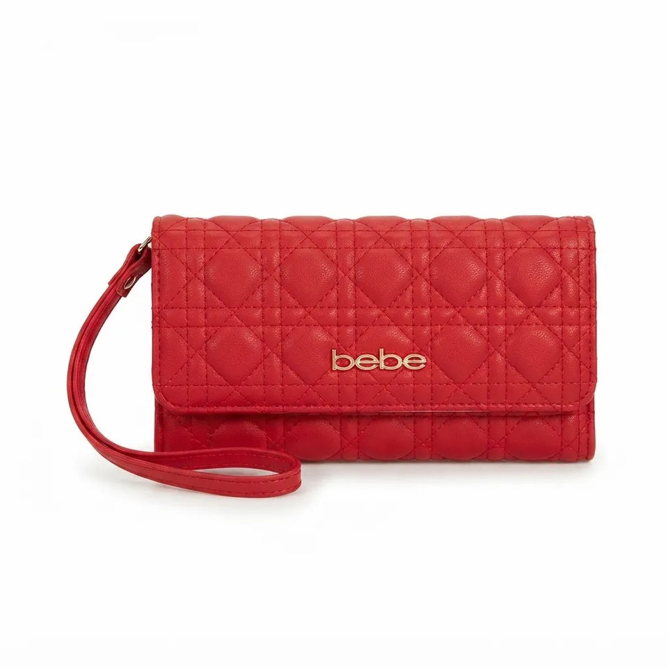 A red quilted leather clutch bag with a wristlet strap and a gold-tone 'bebe' logo on the front, shown against a plain white background.