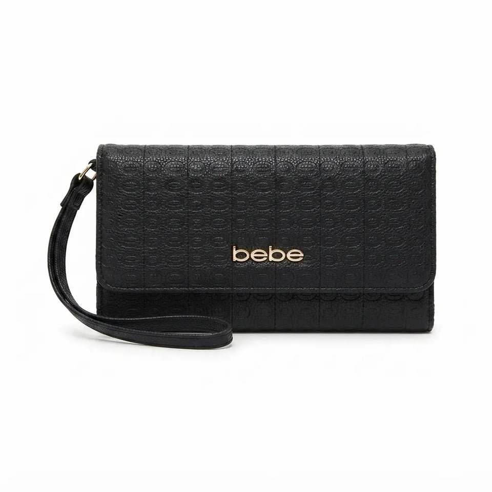 Black textured leather clutch bag with a wrist strap and gold 'bebe' logo on the front, shown on a plain white background.