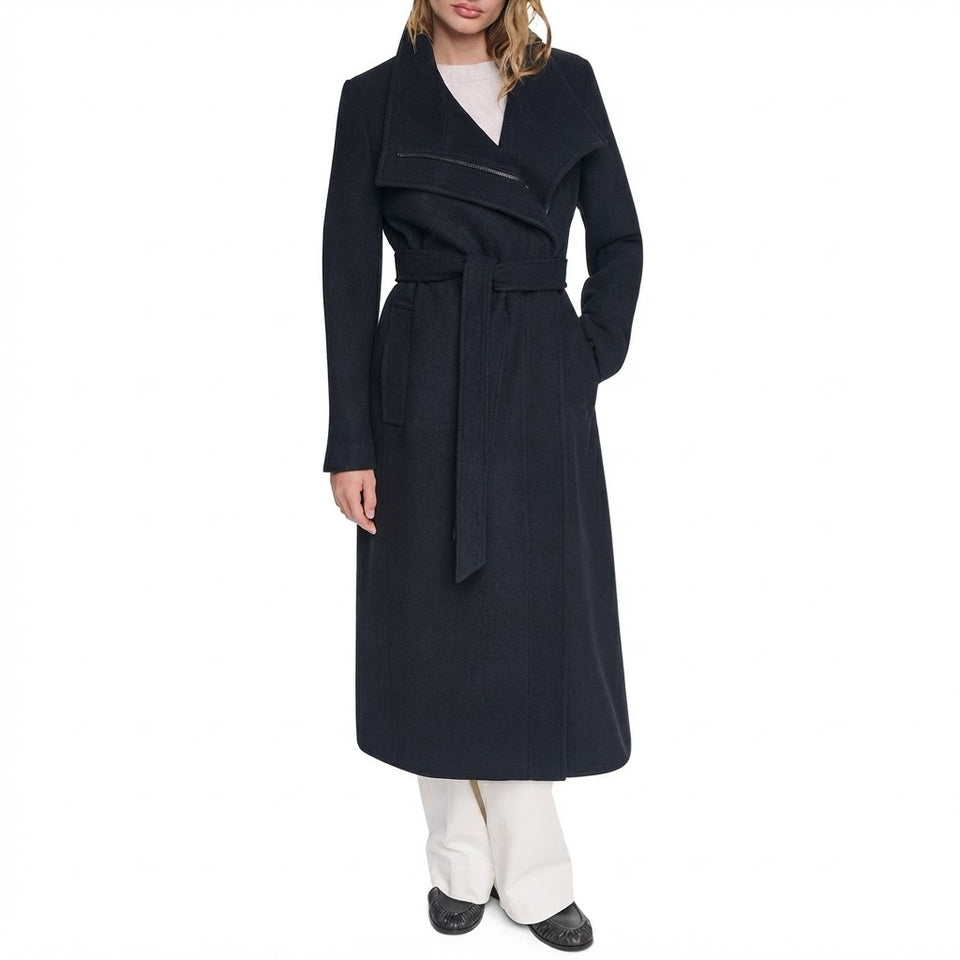 DKNY Women's Black Solid Wool-Blend Belted Wrap Coat
