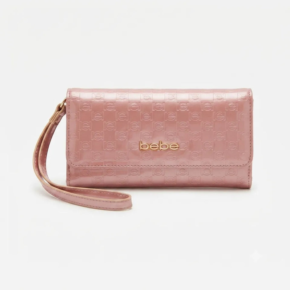 Bebe Women's Glossy Pink Ravena Embossed Trifold Wallet