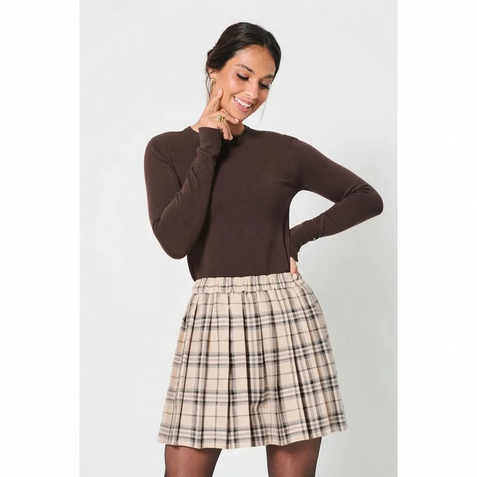 Sinsay Women's Beige Pleated Plaid Mini Skirt