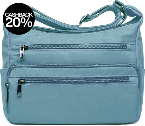 Light blue shoulder bag with multiple zippers on a white background