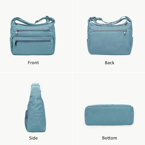 Blue handbag shown from front, back, side, and bottom angles on a white background.
