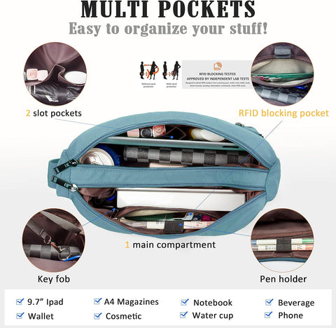 Multifunctional pouch with various compartments and features on a white background