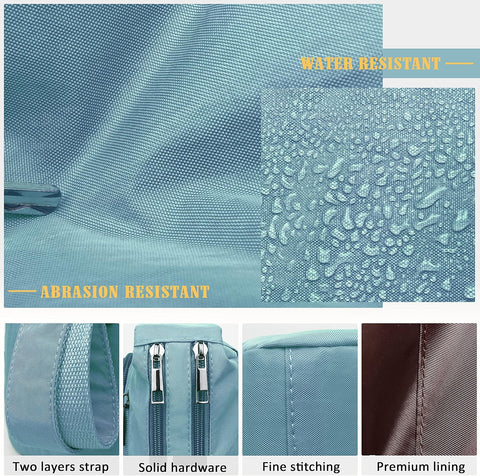 Collage of a blue bag with text highlighting features like water resistance, abrasion resistance, two-layer strap, solid hardware, fine stitching, and premium lining.