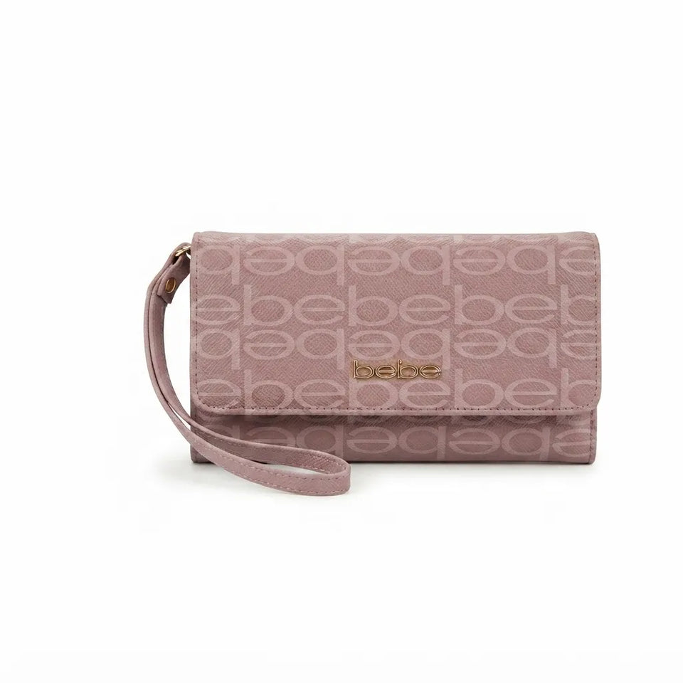 Bebe Women's Taupe Ariyah Logo Print Trifold Wallet
