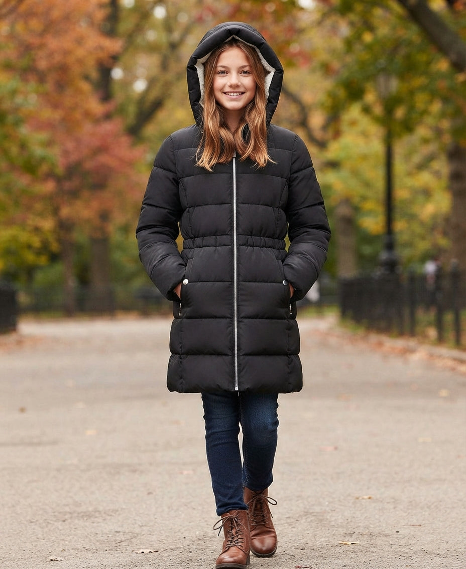 BCBGGirl's Black Hooded Faux-Shearling Puffer Jacket