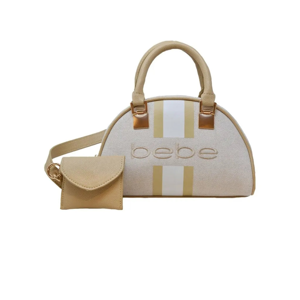 A beige dome-shaped handbag with a matching small pouch, featuring vertical white and gold stripes, gold-tone hardware, and the brand name 'bebe' printed on the front, set against a plain white background.