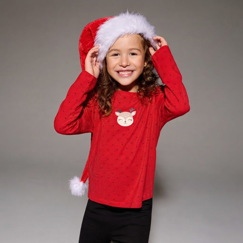 Sinsay Girl's Red Reindeer Graphic Ruffled Shoulder Blouse