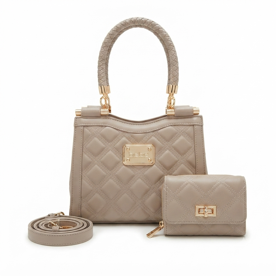 A taupe quilted handbag with a matching zip-around wallet and a coiled shoulder strap, displayed on a clean white background. The handbag features a braided top handle, gold-tone hardware, and a quilted diamond pattern.
