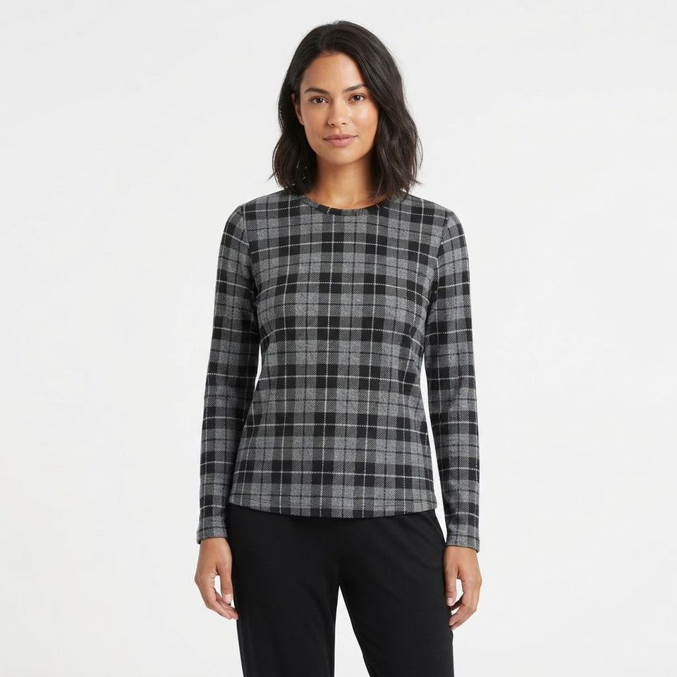 Cuddl Duds Women's Grey Plaid Long-Sleeves Pajama Top
