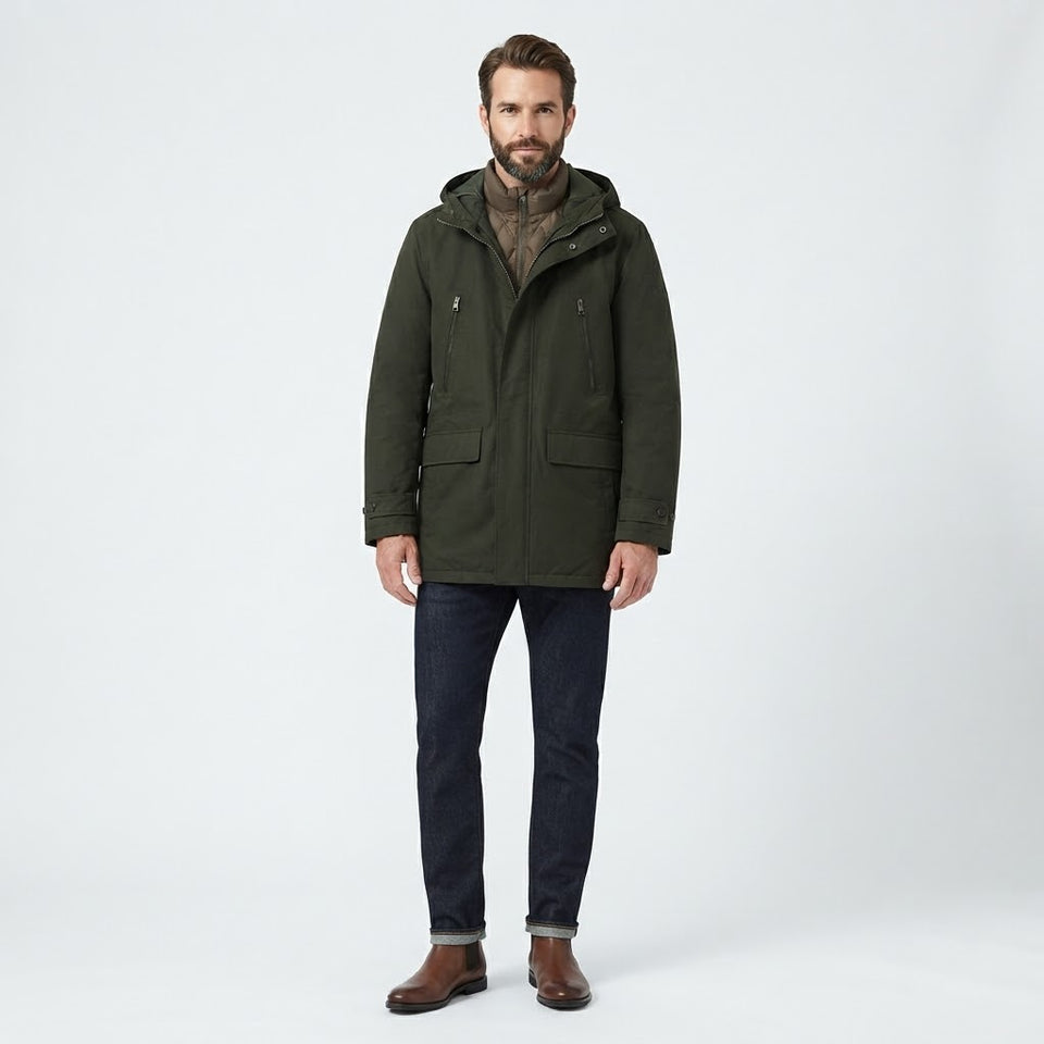 Michael Kors Men's Dark Olive 2 In 1 Layered Hooded Parka Jacket