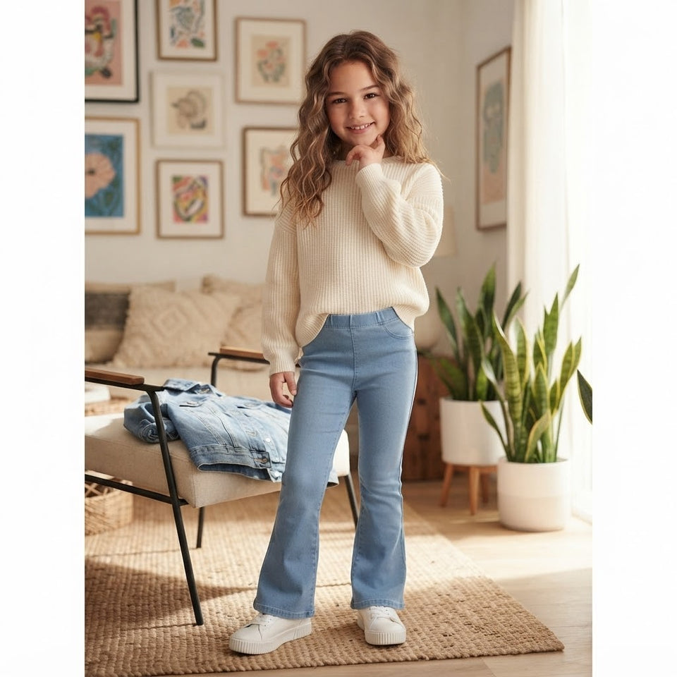 Sinsay Girl's Light Blue Elastic-Waist Denim Flare Pant
