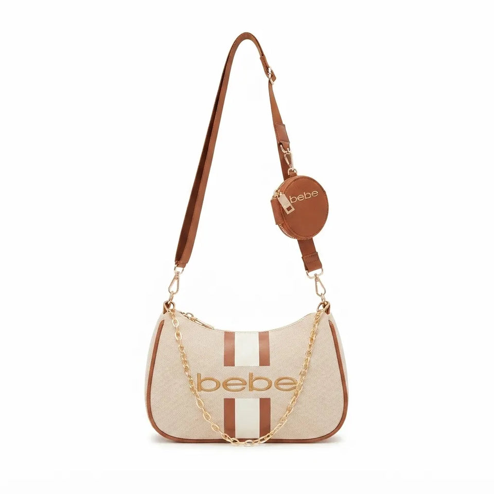 A beige and brown shoulder bag with a gold-tone chain strap and a matching round coin purse attached by a leather loop, shown on a plain white background.