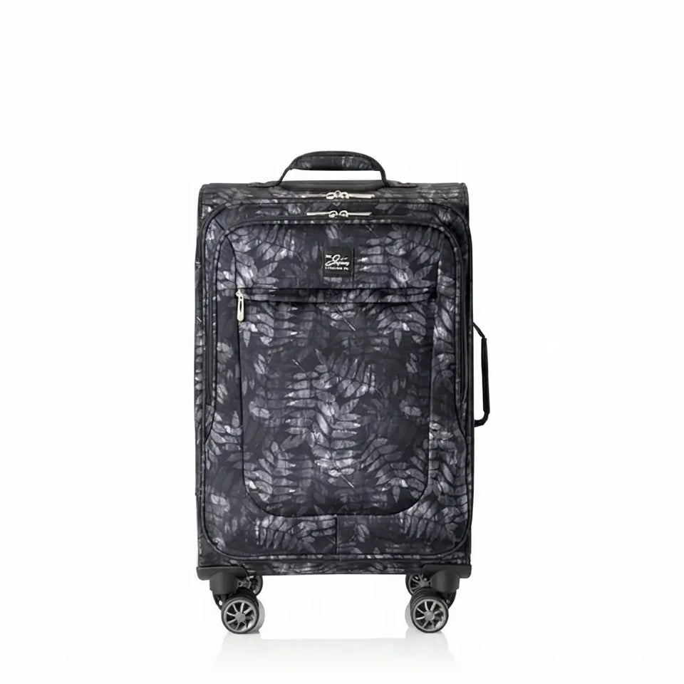 A rolling suitcase with a dark gray and black leafy camouflage pattern, featuring four spinner wheels, a top carry handle, and a front zippered pocket, shown against a plain white background.
