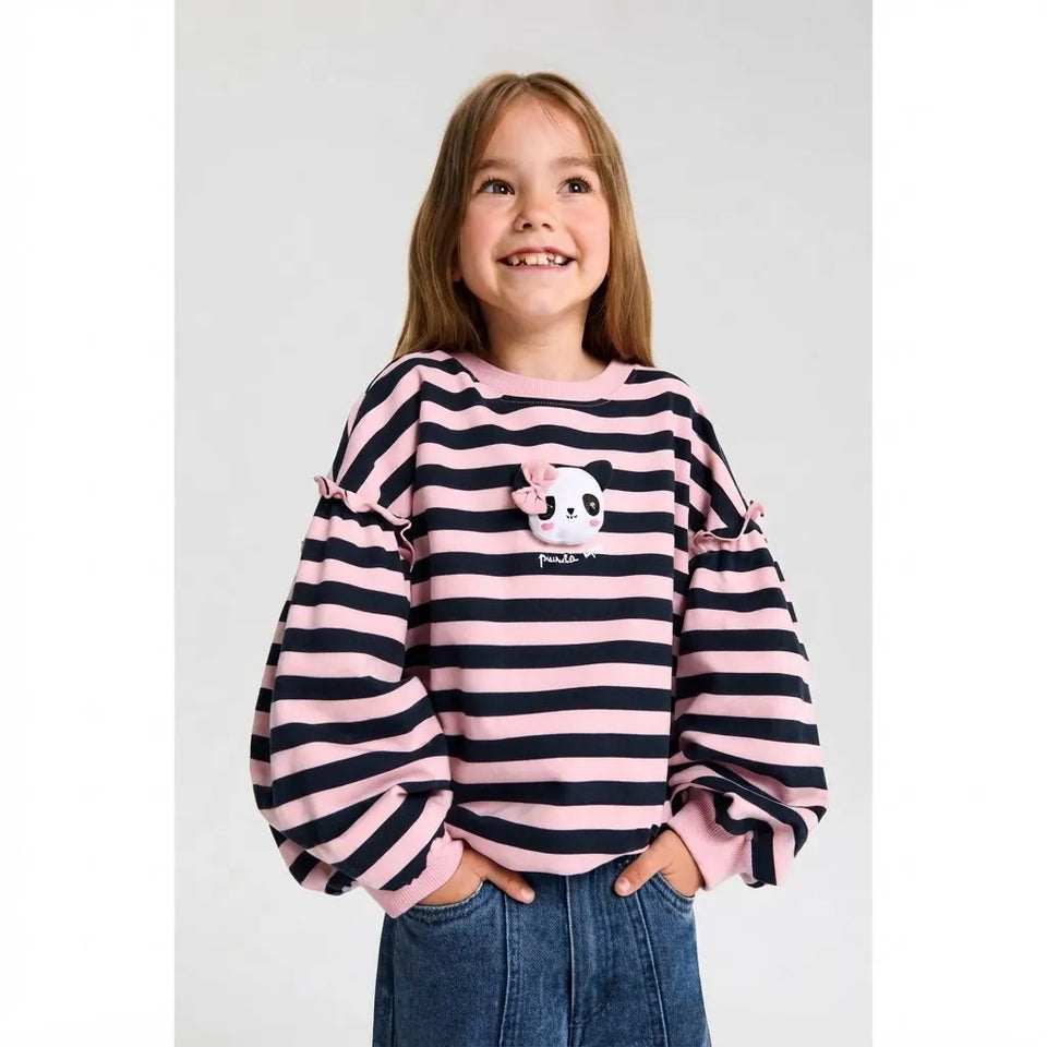 Sinsay Girl's Pink & Black Striped Chest Print Sweatshirt