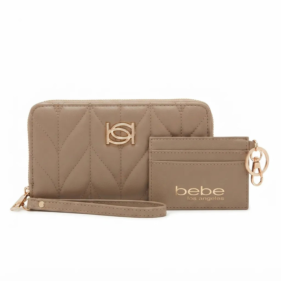 A taupe quilted wallet and matching card holder set with rose gold-tone hardware and logo details, shown on a plain white background.