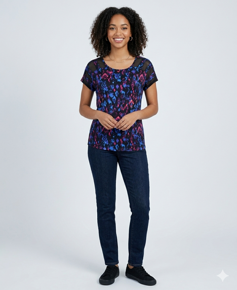 NY Collection  Women's Multi Short Sleeve Top with Mesh Sleeve  T-Shirt  | NY Collection in Lebanon