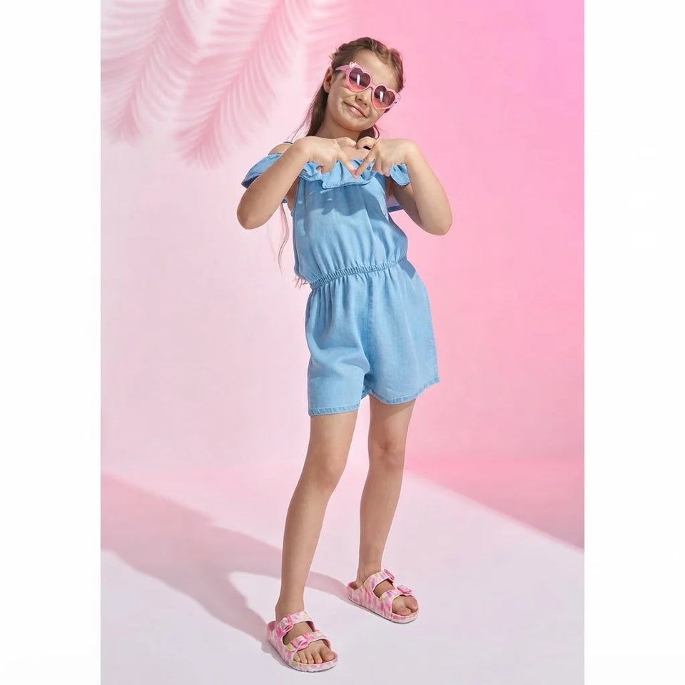 Sinsay Girl's Light Blue Ruffled Shoulder Straps Romper