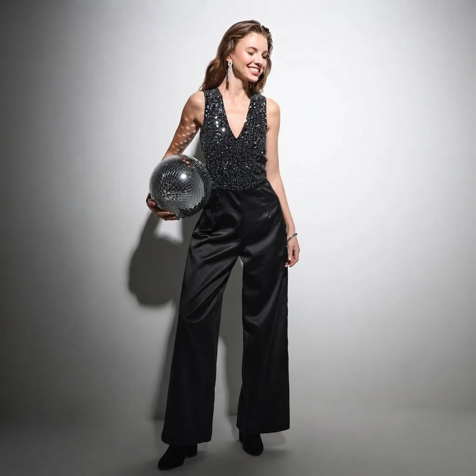 Sinsay Women's Black Elegant Sparkly Sequin Bodice Jumpsuit