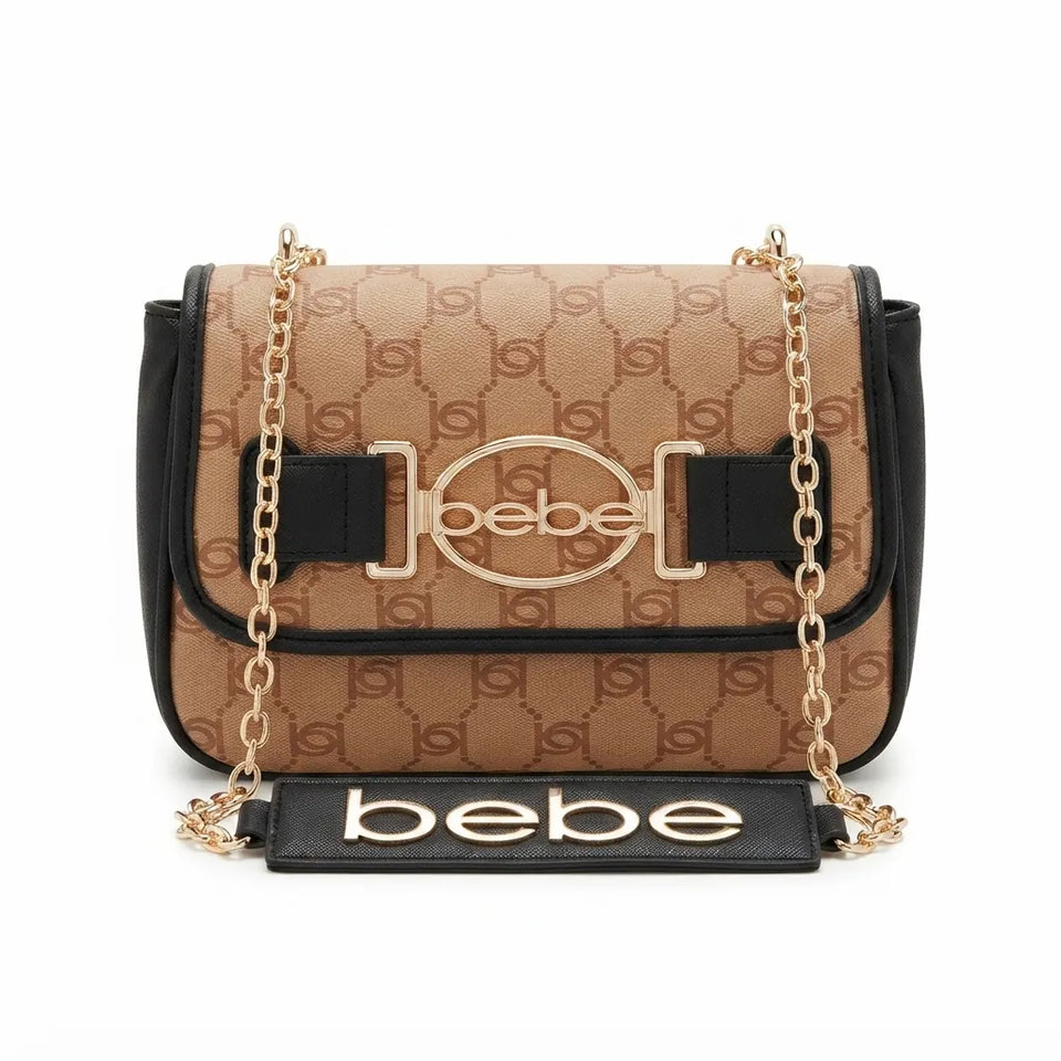 A beige and brown monogram shoulder bag with black leather trim, a gold-tone chain strap, and a black front strap featuring the 'bebe' logo in gold.