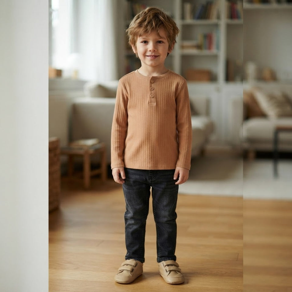 Sinsay Boy's Tan Waffle-Knit Henley Blouse