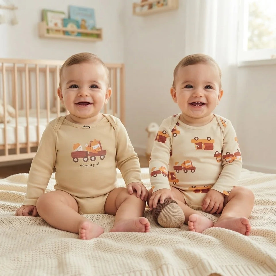 Sinsay Baby Boy's Beige Truck Graphic Pack Of 2 Long-Sleeves Bodysuit
