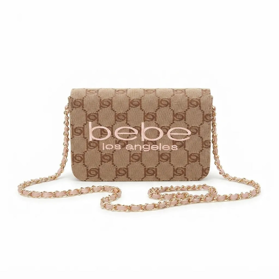 A beige and brown monogram shoulder bag with a gold-tone chain strap, featuring the text 'bebe los angeles' printed on the front, set against a plain white background.