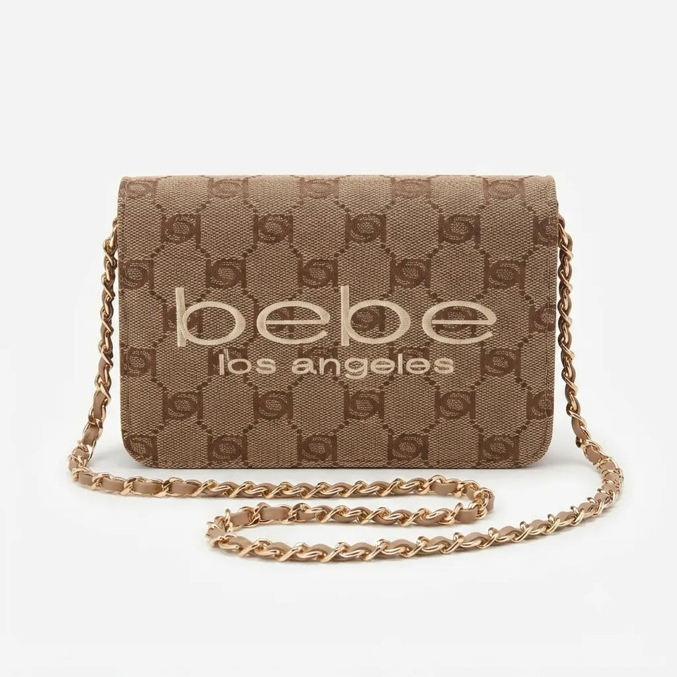 A brown monogram shoulder bag with a gold-tone chain strap and 'bebe los angeles' printed on the front, set against a plain light background.