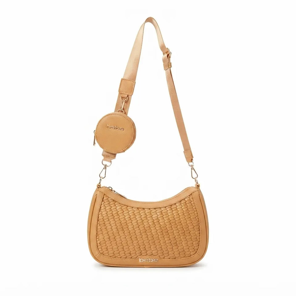 A tan woven leather shoulder bag with a matching adjustable shoulder strap and a small round zippered pouch attached near the top, shown on a plain white background.