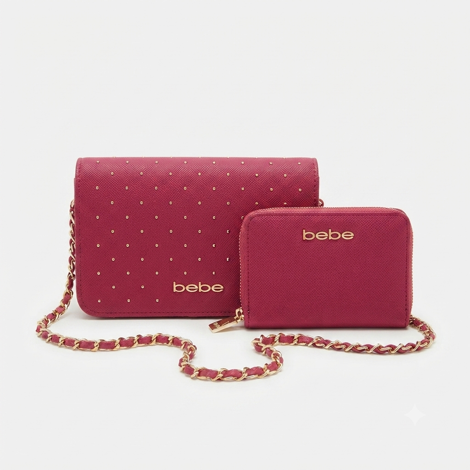 A matching two-piece handbag set consisting of a larger rectangular clutch with a dotted pattern and a smaller zip-around wallet, both in a deep magenta pink textured leather with gold-tone 'bebe' branding and a gold chain strap.