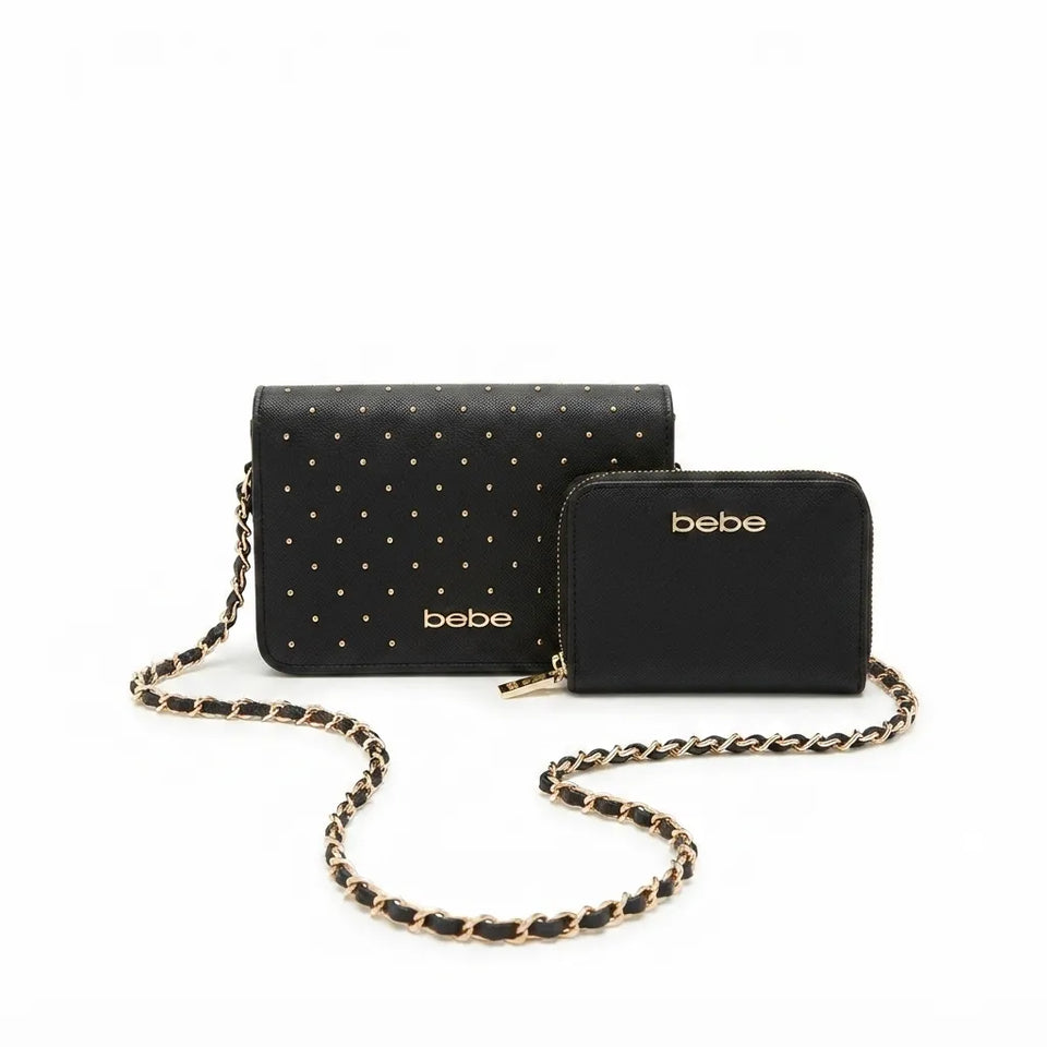 A black crossbody bag with gold studs and a matching zip-around wallet, both featuring the 'bebe' logo in gold, displayed on a clean white background with a gold-and-black chain strap.