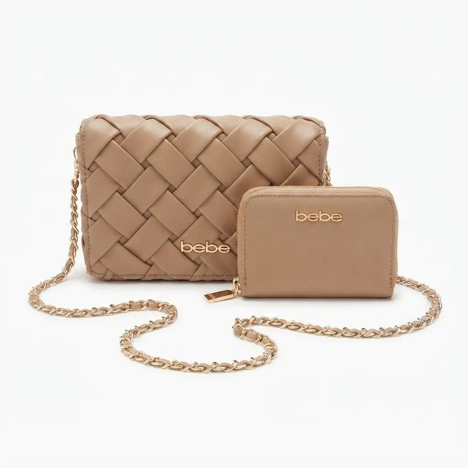 A beige woven leather shoulder bag with a matching zip-around wallet, both featuring the 'bebe' logo in gold-tone lettering. The set is styled with a gold-tone chain strap on a clean white background.
