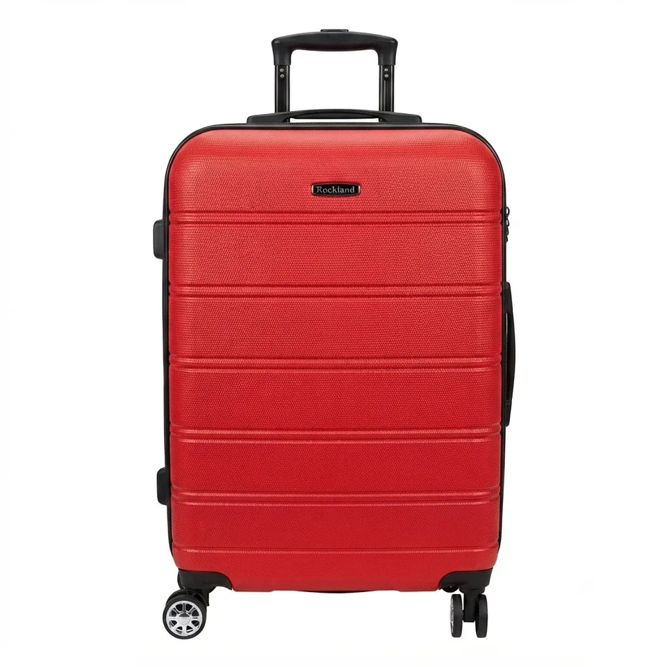 A red textured hard-shell suitcase with black trim, an extended telescoping handle, and four spinner wheels, shown against a plain white background.