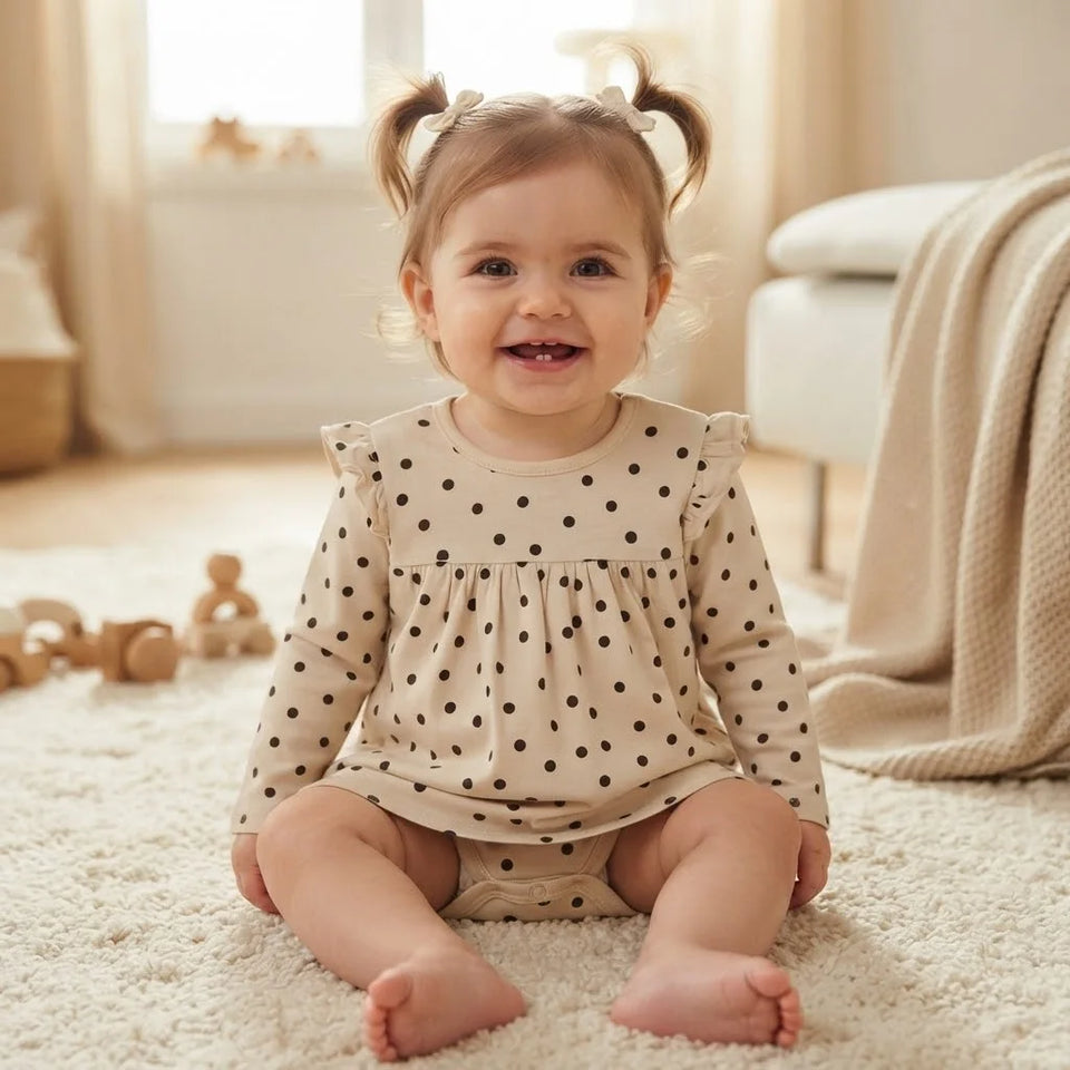 Sinsay Baby Girl's Beige & Black Polka Dots Pattern Dress