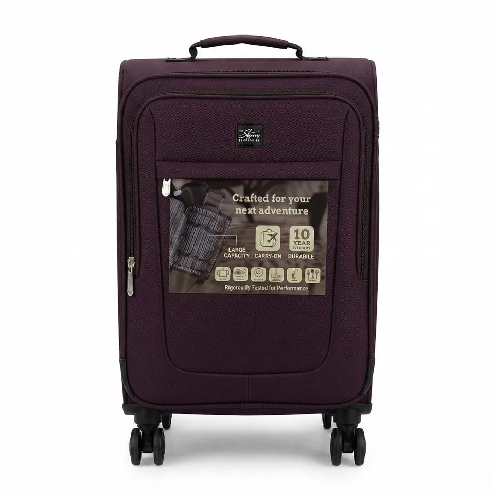 A dark purple hard-shell carry-on suitcase with four spinner wheels and a top handle, featuring a front zippered pocket with a clear window showing product information. The brand label reads 'Safavilla'.